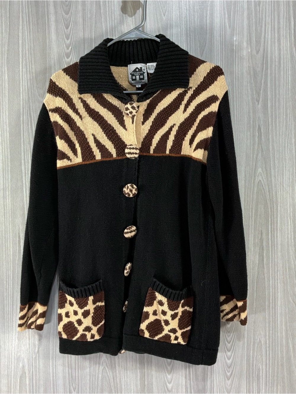 Storybook Knits Sweater Womens Small Black Zebra Giraffe Animal Print Cardigan